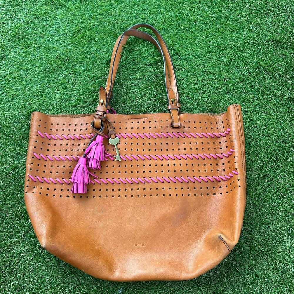 Vintage Fossil Rachel Large Tot Brown Whipstitched Leather Tassels Bag Key Pouch